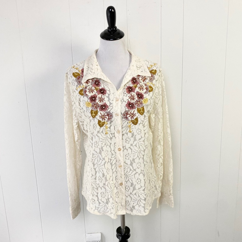 Paparazzi by BIZ Cream Floral Lace Embroidered Button Up Shirt XL Sheer